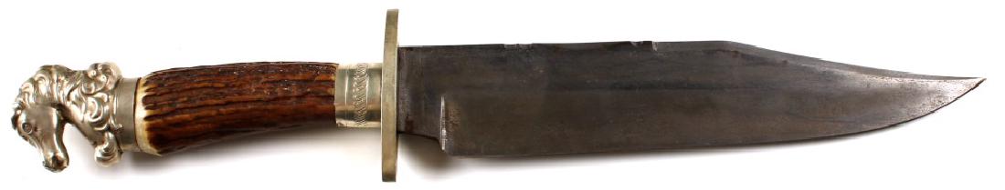 JAMES & LOWE SHEFFIELD STAG HANDLE BOWIE KNIFE: JAMES & LOWE SHEFFIELD STAG HANDLE BOWIE KNIFE 2.25" silver horse head pommel. Repousse silver collet. Blade Length: 10" Overall Length: 16.25"