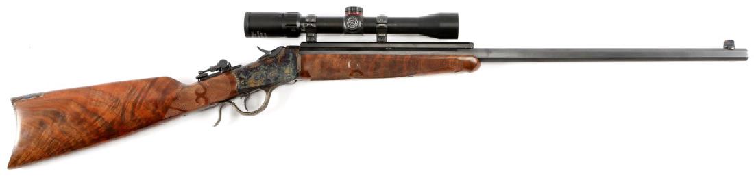 1890 WINCHESTER MODEL 1885 LOW WALL RIFLE: 1890 WINCHESTER MODEL 1885 LOW WALL RIFLE 26" Octagon barrel. Checkered and engraved by George Sherwood. Simmons 23-9x32 scope. Caliber / Gauge: 32-20 Barrel Length: 26" Serial Number: 47759