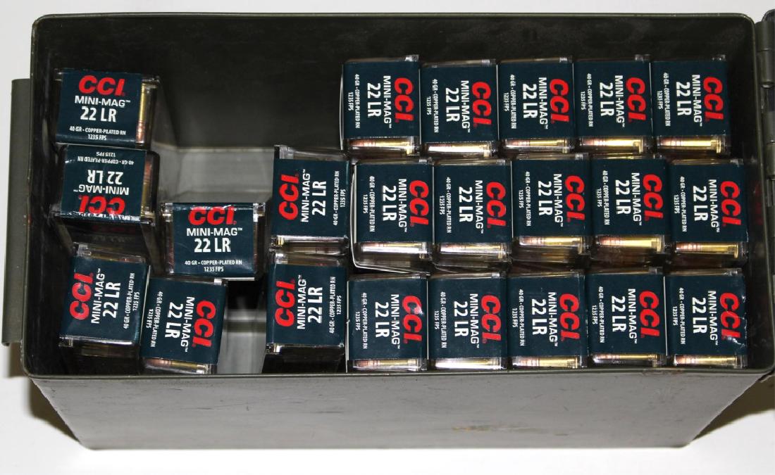 2200 ROUNDS CCI .22LR MINI MAG IN CAN: 2200 ROUNDS CCI .22LR MINI MAG IN CAN 2200 rounds of CCI .22LR Mini-Mag ammunition, in 100 round sleeves, all in steel ammo can. Caliber / Gauge: .22LR