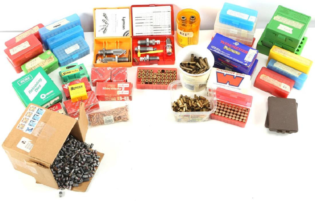 LARGE LOT OF RELOADING EQUIPMENT, SHELLS, PRIMERS: LARGE LOT OF RELOADING EQUIPMENT, SHELLS, PRIMERS Reloading dies (caliber: 30-06, 45 ACP, 223), bullet holders, lead bullets, primers, cartridge cases. Caliber / Gauge: Reload