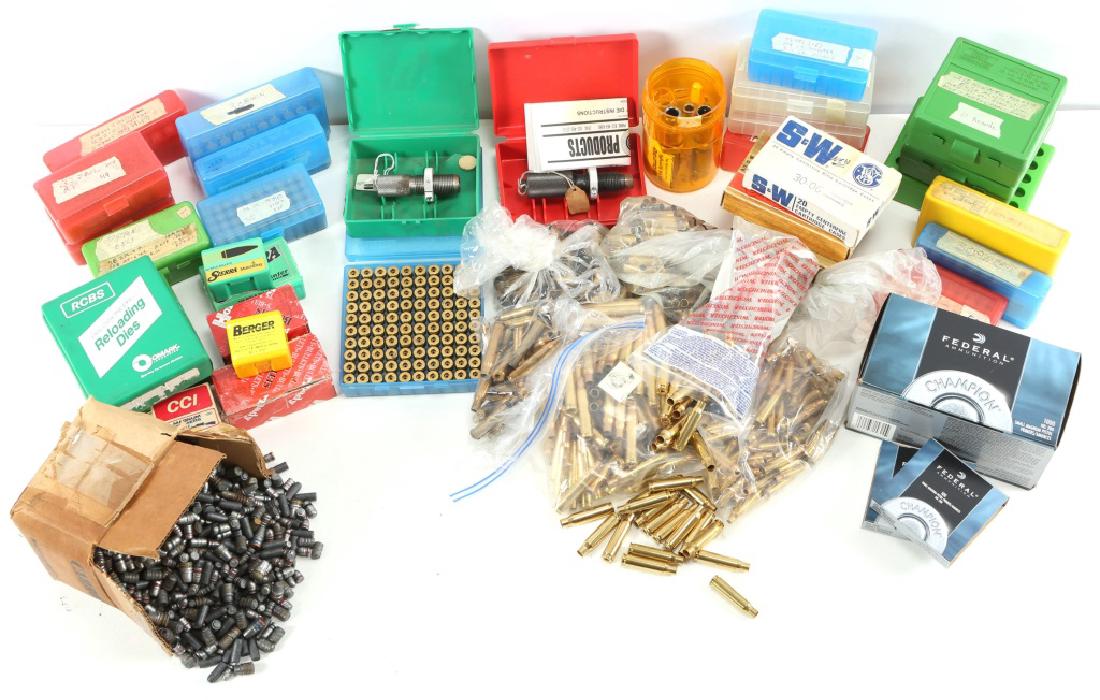 LARGE LOT OF RELOADING EQUIPMENT, SHELLS, PRIMERS: LARGE LOT OF RELOADING EQUIPMENT, SHELLS, PRIMERS Reloading dies (caliber: 243 WIN, 38/357, 45 ACP, 38 WIN, 6MM, 77, 30-06), bullet holders, lead bullets, primers, cartridge cases. Caliber / Gauge: Re