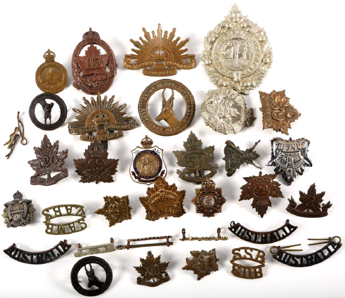 WWI CAP BADGE LOT CANADA AUSTRALIA SOUTH AFRICA: WWI CAP BADGE LOT CANADA AUSTRALIA SOUTH AFRICA 19th Canadian Expedition Force Cap Badge, Stamped Brass Badge. 2nd British Colombia Regiment, Brass Cap Badge. 51st Canadian Infantry, Cap Badge for the