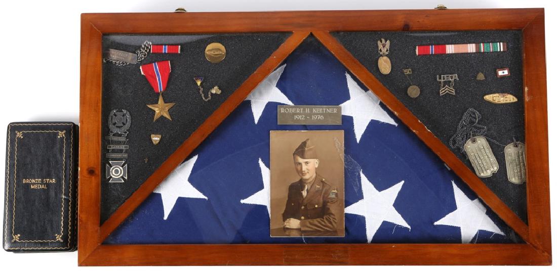 WWII MILITARY ARCHIVE OF ROBERT H. KELTNER: WWII MILITARY ARCHIVE OF ROBERT H. KELTNER Archive includes photograph, burial flag, dog tags, ID bracelet, Bronze Star, and miscellaneous medals and pins of Robert H. Kutner.