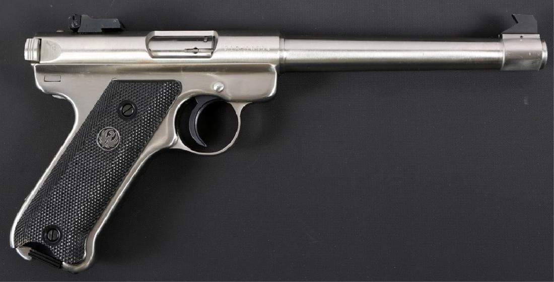 RUGER MARK II TARGET .22 LR PISTOL: RUGER MARK II TARGET .22 LR PISTOL Stainless steel finish. Checkered black plastic grips with Ruger medallions. Adjustable rear sight, target style front sight. Caliber / Gauge: .22 LR Barrel Length: 