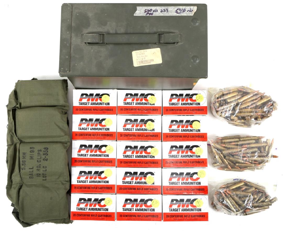 MIXED .223 AMMUNITION: MIXED .223 AMMUNITION 15 20 round boxes of PMC. Green US carrier for 10 round stripper clips of .223. Several plastic bags of .223. 22lbs of total weight. Caliber / Gauge: .223