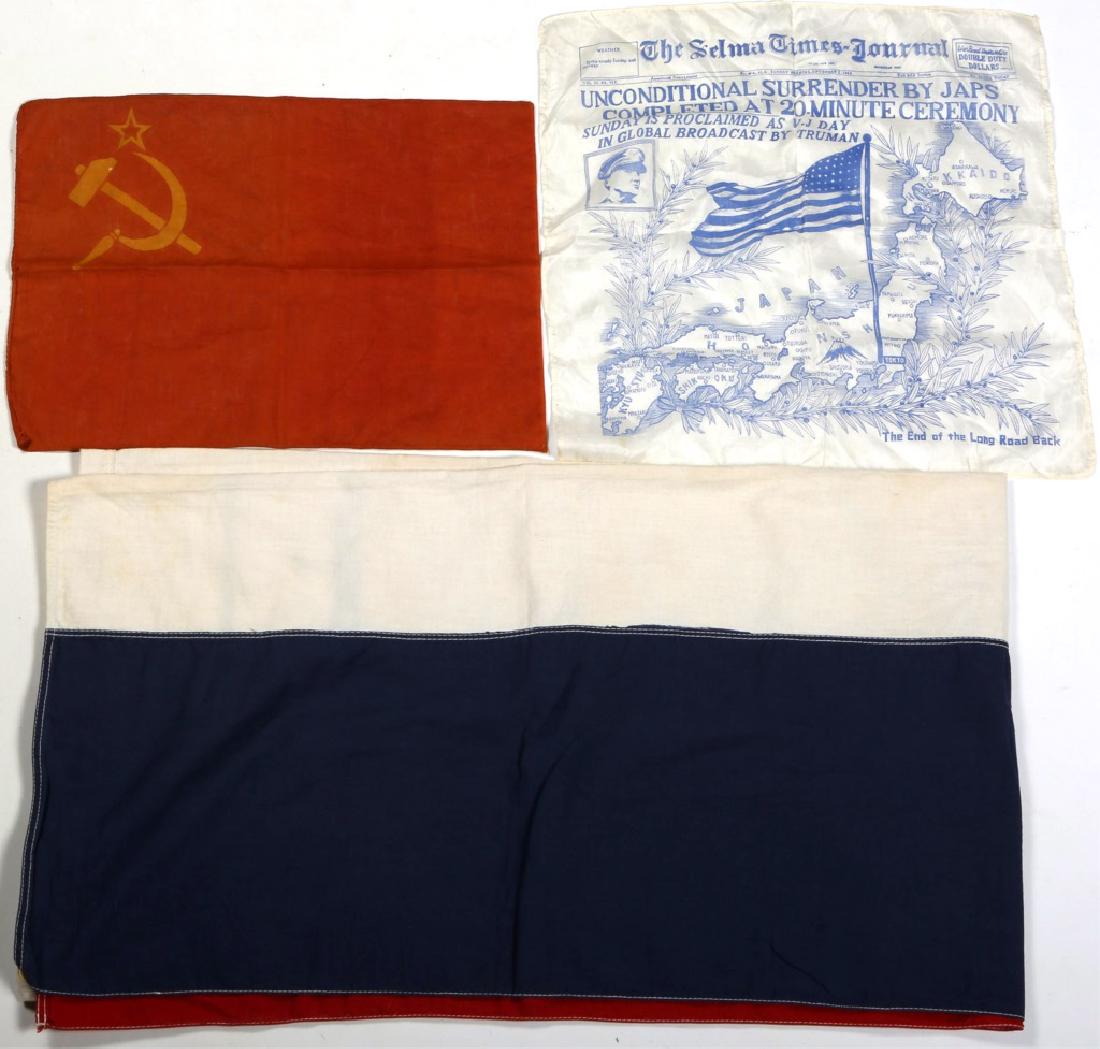 WWII FLAGS AND BANNERS LOT OF 3: WWII FLAGS AND BANNERS LOT OF 3 French flag 57"x33". Silk "Unconditional Surrender By Japs", 16.25"x16". Soviet flag banner 12"x16".