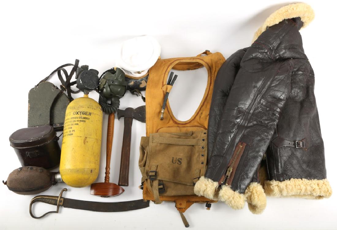 US FLIGHT JACKET, OXYGEN TANK, LIFE JACKET, & MORE: US FLIGHT JACKET, OXYGEN TANK, LIFE JACKET, & MORE Wood US WV mallet, US Army oxygen mask, Marine cover, oxygen tank, mess kit and canteen.