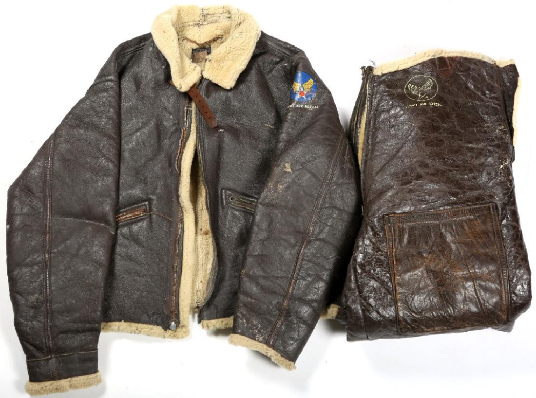 USAAF FLIGHT JACKET AND PANTS: USAAF FLIGHT JACKET AND PANTS Jacket tag labeled "TYPE D-1" over "SPEC NO. 94-3084-A" over "ORDER NO. 43-13612 AF" over "SIZE - MEDIUM" over "PERRY SPORTSWEAR CO. NEWBURGH, NY" over "PROPERTY AIR FORC