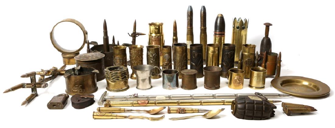 SHELL TRENCH ART LOT OF 41: SHELL TRENCH ART LOT OF 41 Includes crucifix, ash trays, vases, floral motif shells, silverware and more. Pieces date from 1891- modern. Size: 8"-2"