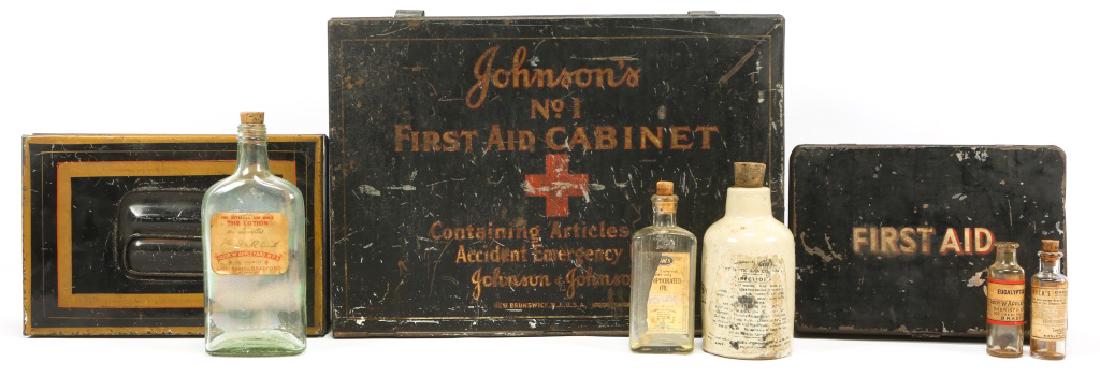 WWI JOHNSON FIRST AID CABINET AND CASE LOT OF 3: WWI JOHNSON FIRST AID CABINET AND CASE LOT OF 3 Johnson first aid tin field cabinet. First aid kit tin box with some content. Document tin box with key.