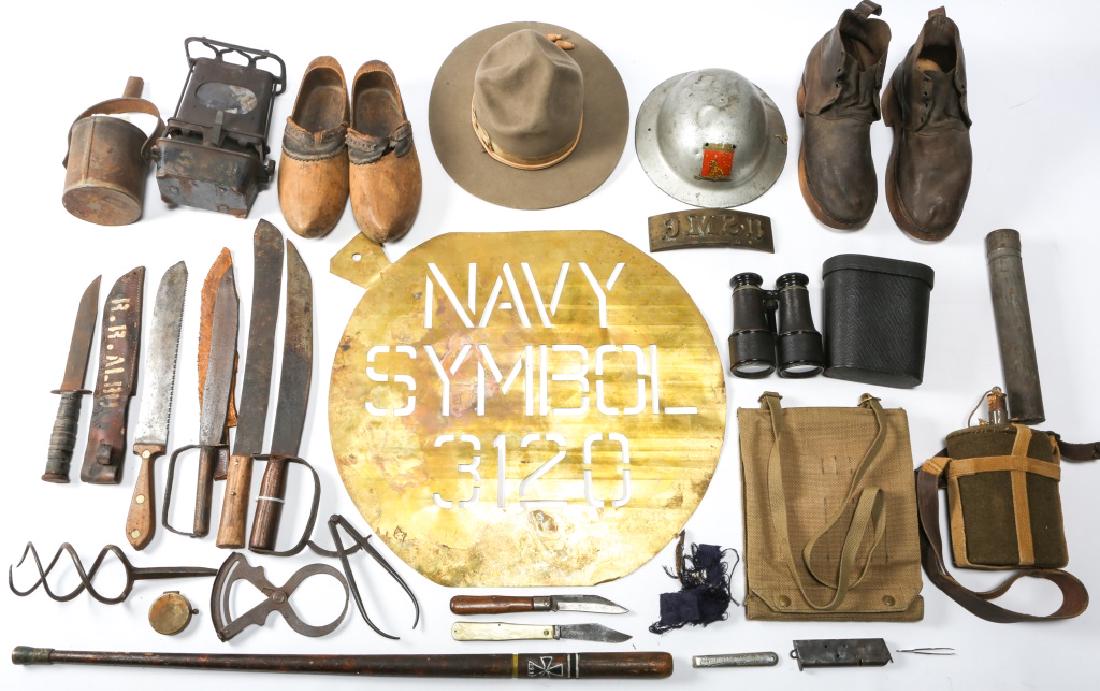 MILITARIA CANES GEAR & EDGED WEAPONS MIXED LOT: MILITARIA CANES GEAR & EDGED WEAPONS MIXED LOT Items date from Civil War to WWII. WWI German cane engraved "1914" with mounted coin and painted iron cross. Other items include USMC imprint stamp, bino