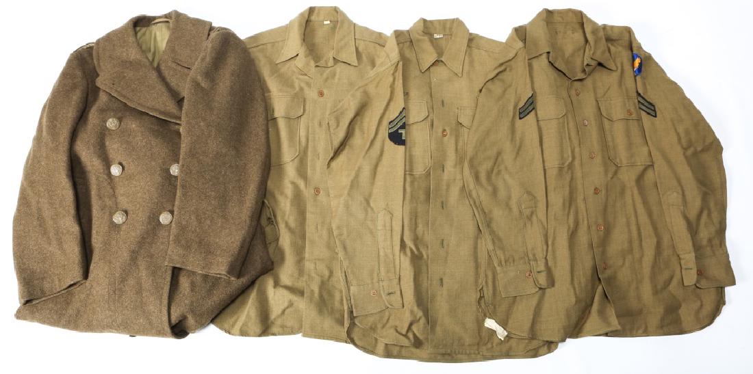 WWII US ARMY OVERCOAT SHIRT AND SWEATER LOT OF 5: WWII US ARMY OVERCOAT SHIRT AND SWEATER LOT OF 5 WWII US Army overcoat. 3 Khaki wool shirts. Wool sweater.