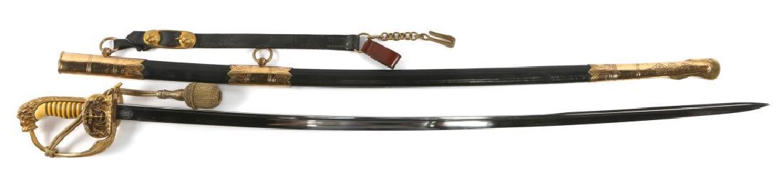 WWII GERMAN KRIEGSMARINE OFFICER SWORD BY HORSTER: WWII GERMAN KRIEGSMARINE OFFICER SWORD BY HORSTER A fantastic example in mint condition. Gold portepee. Upper leather sword hanger. This sword may have been an NCO version due to the lack of eyes in t