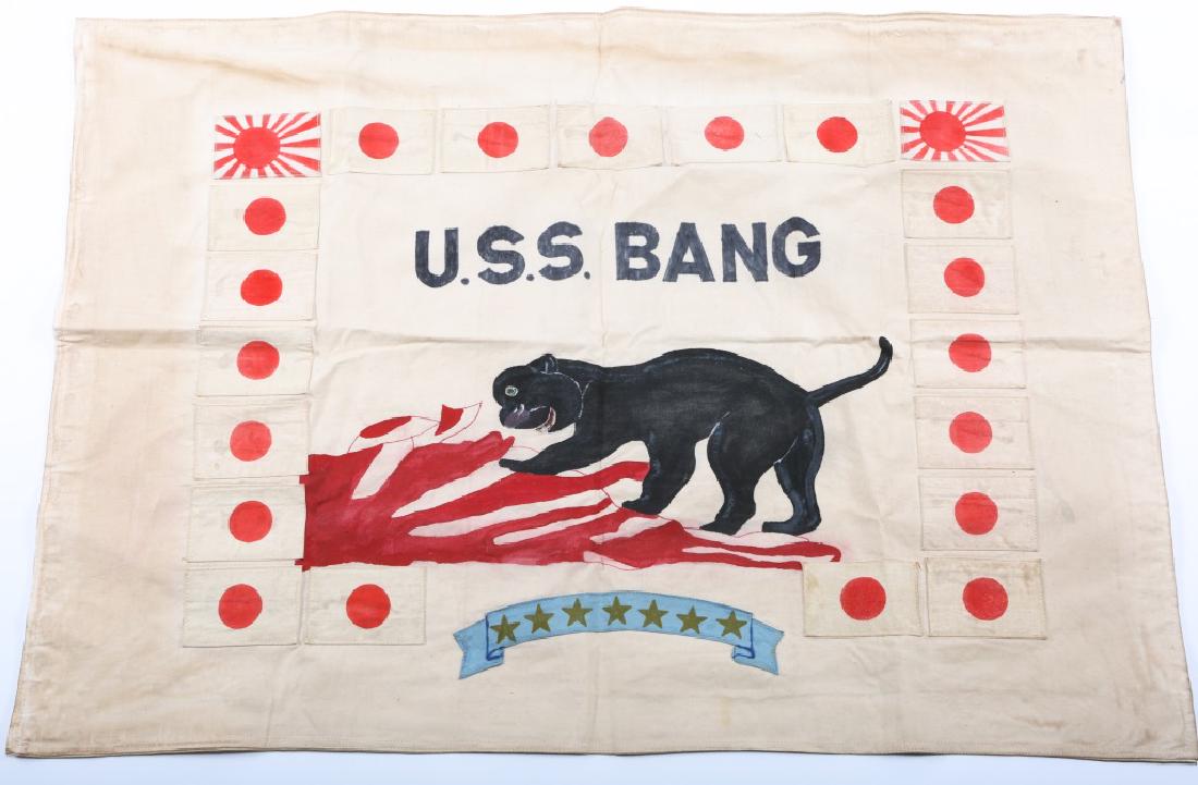 WWII US NAVY USS BANG SUBMARINE BATTLE FLAG: WWII US NAVY USS BANG SUBMARINE BATTLE FLAG Multiple pieces construction and painted. Post war submarine crew members reunion battle flag. Size: 34" x 24"
