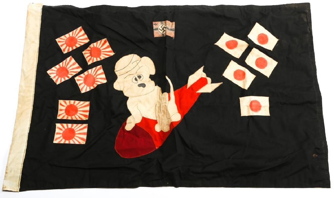WWII USN USS BESUGO SS321 SUBMARINE BATTLE FLAG: WWII USN USS BESUGO SS321 SUBMARINE BATTLE FLAG Multiple pieces construction and painted. Final battle flag used in various ceremonies at the end of World War II. Size: 36" x 23"