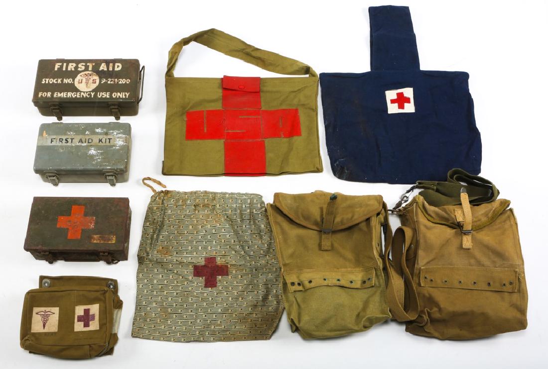 WWII US ARMY MEDIC FIRST AID BOX & POUCH MIXED LOT: WWII US ARMY MEDIC FIRST AID BOX & POUCH MIXED LOT Three first aid kit boxes with some content. Two medic bags. Three Red Cross bags. One empty US Army first aid khaki pouch with snaps.