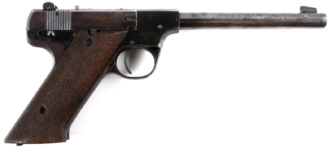 HIGH STANDARD MODEL A PISTOL .22 CALIBER: HIGH STANDARD MODEL A PISTOL .22 CALIBER High Standard model "A" .22 caliber pistol. With 2 clips (one loaded) and leather holster. Model: A Caliber / Gauge: .22 Cal Barrel Length: 6.75" Serial Number
