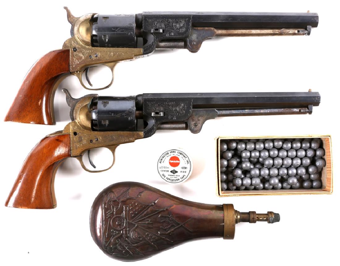 PAIR OF ITALIAN COLT MODEL 1851 NAVY REVOLVERS: PAIR OF ITALIAN COLT MODEL 1851 NAVY REVOLVERS Lot of 2 Italian Colt model 1851 Navy .36 caliber percussion revolvers. With powder flask, caps, and balls. Model: 1851 Navy Caliber / Gauge: .36 Cal Bar