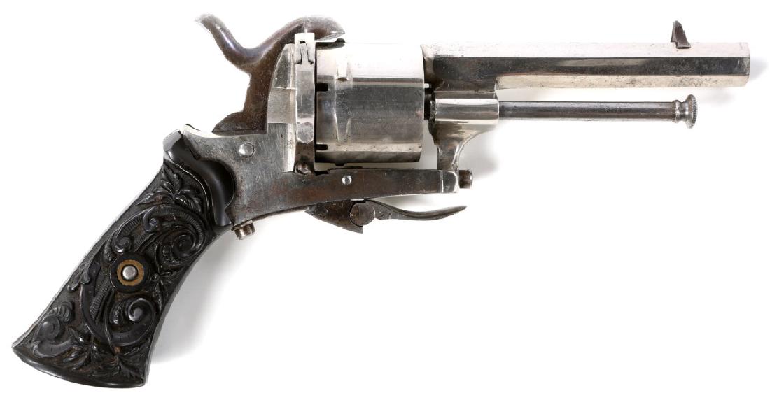 BELGIAN 30 CAL SMALL FRAME PINEFIRE REVOLVER: BELGIAN 30 CAL SMALL FRAME PINEFIRE REVOLVER 10 stamped on ejector, hammer, and trigger. Octagon barrel. 7.5" overall. Caliber / Gauge: .30 Barrel Length: 3.25"