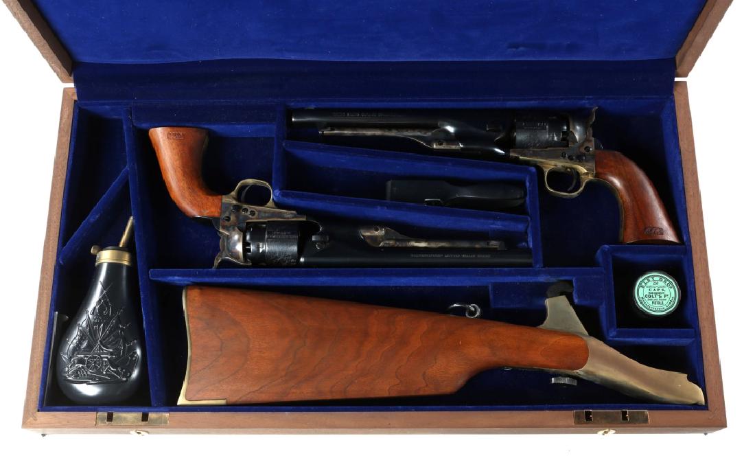 BOXED PAIR COLT US CAVALRY COMMEMORATIVE REVOLVER: BOXED PAIR COLT US CAVALRY COMMEMORATIVE REVOLVER Colt US Cavalry Commemorative 1777 - 1977 .44 Cal Model 1860 revolver set. Cylinders have been engraved with ocean and sailing motif. Included are the