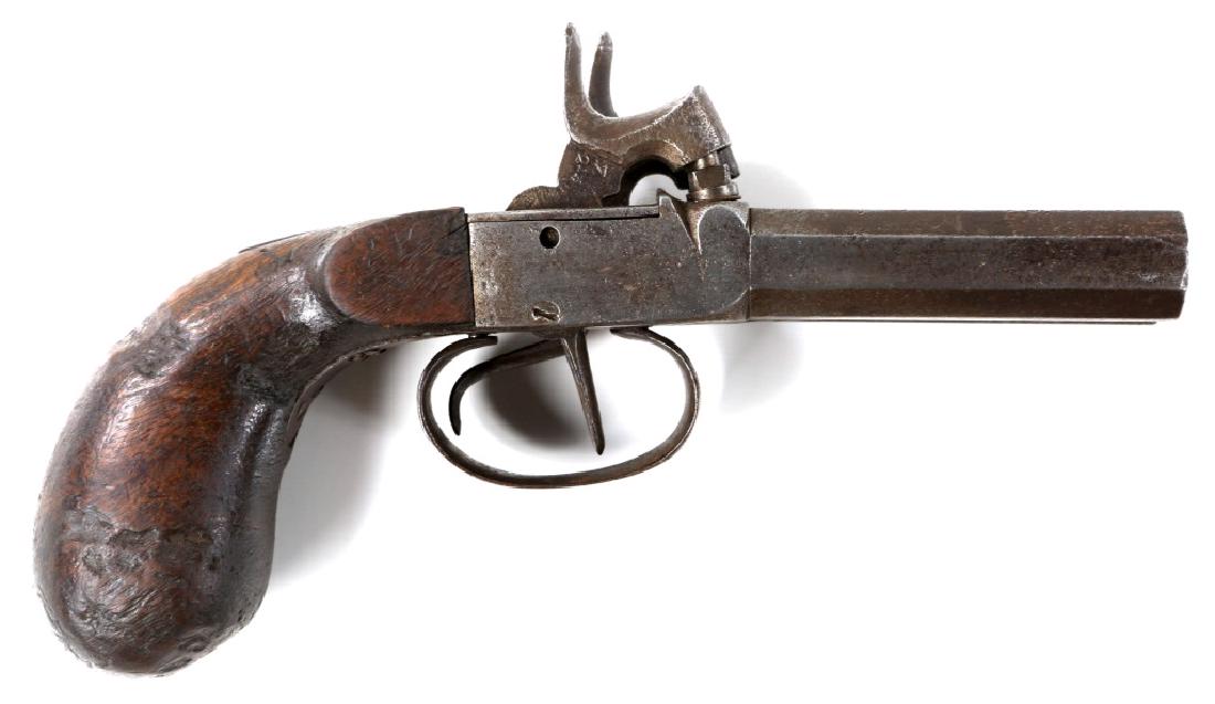 19th CENTURY DOUBLE BARREL PERCUSSION PISTOL: 19th CENTURY DOUBLE BARREL PERCUSSION PISTOL Matching serial numbers on both hammers, barrel and stock. Caliber / Gauge: .45 Barrel Length: 3" Serial Number: 23