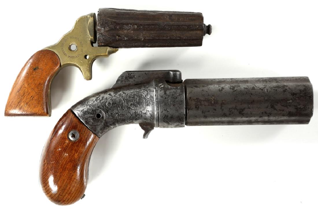PEPPERBOX PISTOL LOT OF 2: PEPPERBOX PISTOL LOT OF 2 Rupertus' Pat Pistol MFG Co. stamped on right side of frame. Caliber / Gauge: .31 & .22 Barrel Length: 3.25" & 3"
