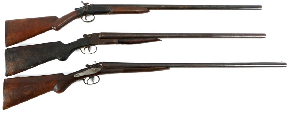 12 GAUGE SHOTGUN LOT OF 3: 12 GAUGE SHOTGUN LOT OF 3 Forehand & Wadsworth- 12 Gauge single shot shotgun (striker broken) Oxford Arms- 12 Gauge double barrel shotgun (patched buttstock) SN: 614TRB T Barker- 12 Gauge double barre