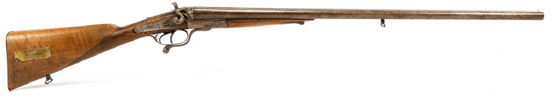 BELGIAN PIONEER STAGE LINE 16 GAUGE SHOTGUN: BELGIAN PIONEER STAGE LINE 16 GAUGE SHOTGUN Belgian Side-by-Side 16 gauge coach shotgun. Placard affixed to right buttstock reads, "Pioneer Stage Line Virginia City, Nevada." Model: Side-by-Side Calib