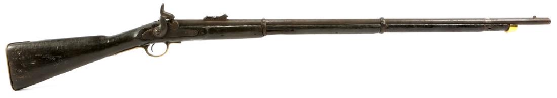 BRITISH ENFIELD MODEL 1853 PERCUSSION RIFLE: BRITISH ENFIELD MODEL 1853 PERCUSSION RIFLE Ladder type rear sight. The front stock has been fitted with a new cap. Ramrod missing. The trigger guard and buttplate are all add-ons and not original. Th