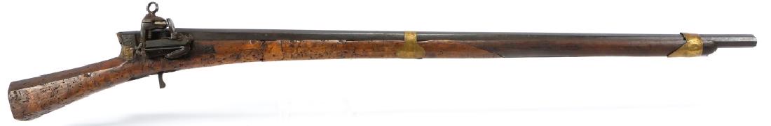 OTTOMAN EMPIRE 69 CALIBER MIQUELET LOCK MUSKET: OTTOMAN EMPIRE 69 CALIBER MIQUELET LOCK MUSKET 42" overall. Octagon barrel. Engraved brass barrel bands. Decorative brass plates on left side of lockplate. Caliber / Gauge: .69 Barrel Length: 32"