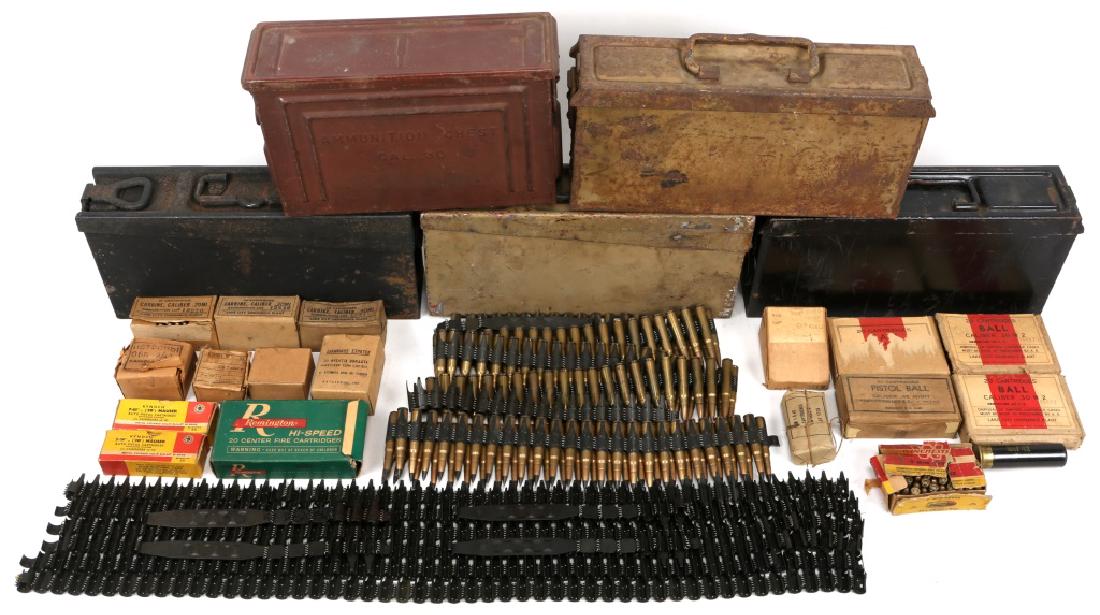 WWII AMMO CAN AND MIXED AMMUNITION LOT OF 5: WWII AMMO CAN AND MIXED AMMUNITION LOT OF 5 50- WWII German 7.92 Mauser Armor Piercing rounds on belt. 6- additional belts. 83- WWII German 7.92 Mauser on belt 47- 7.63 Russian pistol ammo (Auto Tokar