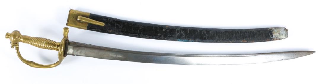 NAPOLEONIC WARS PRUSSIAN INFANTRY SHORT SWORD: NAPOLEONIC WARS PRUSSIAN INFANTRY SHORT SWORD Blade stamped 24 R. Inspector stamp "T.S" on the guard. Leather scabbard, missing the sword drag. Blade Length: 23.25" Overall Length: 29.25"