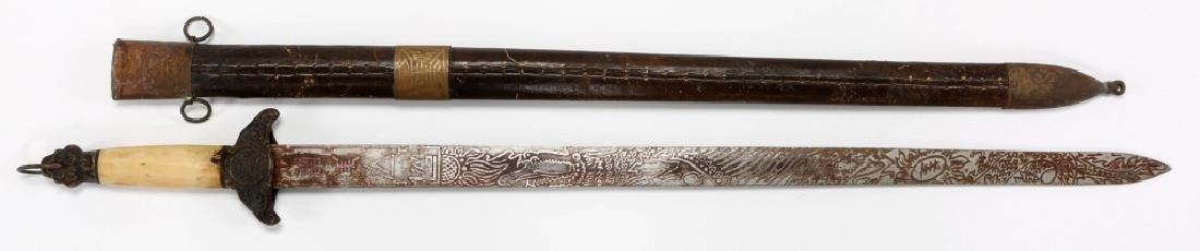 19th C CHINESE JIAN SWORD WITH BONE HANDLE: 19th C CHINESE JIAN SWORD WITH BONE HANDLE Chinese Jian sword, decorated blade, dark brown leather covered wood scabbard, bone handle. Blade Length: 25.25" Overall Length: 31.875"