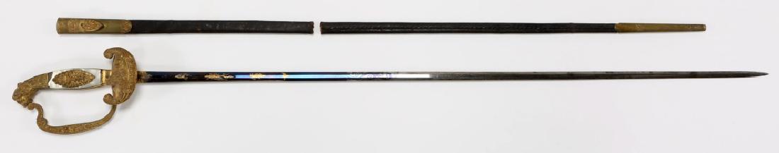 PRE WWI BAVARIAN COURT SWORD WITH BLUE BLADE: PRE WWI BAVARIAN COURT SWORD WITH BLUE BLADE Mfg by Samuel Hoppe (1827-1885). Beehive logo on the ricasso. Blade Length: 32" Overall Length: 37"