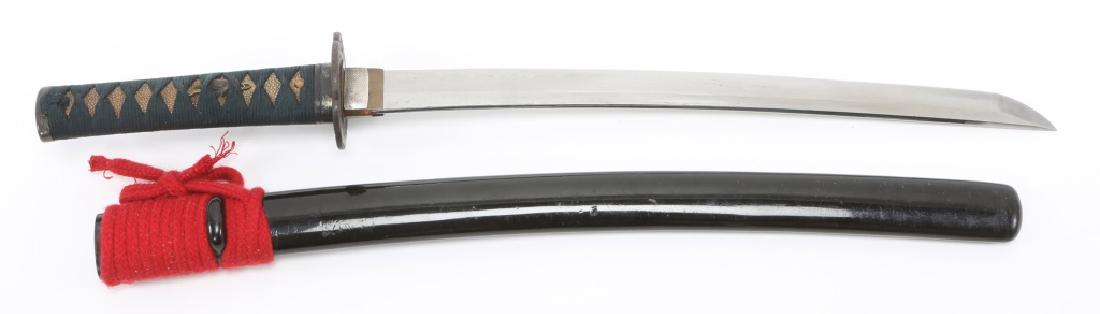 SIGNED JAPANESE WAKIZASHI: SIGNED JAPANESE WAKIZASHI A wakizashi, signed, with kai-gunto mounts. Futsu shaped tang. Shakudo fuchi. Silver square pattern habaki. Toran pattern hamon. Silk bound shagreen mountings, shakudo menuki