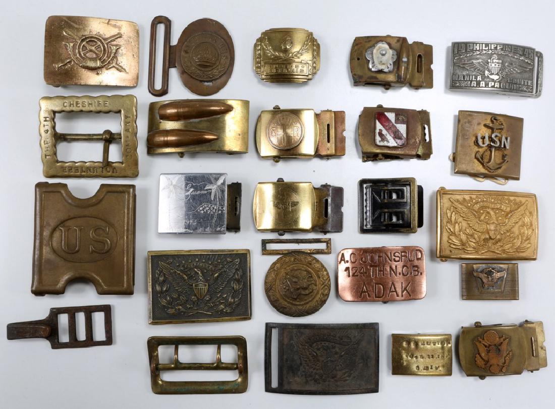 MIXED MILITARY AND SOUVENIR BELT BUCKLES LOT OF 24: MIXED MILITARY AND SOUVENIR BELT BUCKLES LOT OF 24 Size: 1.5" - 3.25"