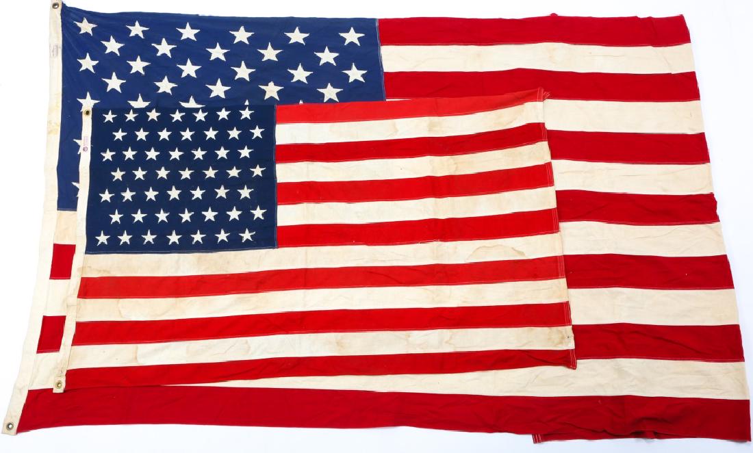 PERIOD AMERICAN FLAG 49 & 50 STARS LOT OF 2: PERIOD AMERICAN FLAG 49 & 50 STARS LOT OF 2 Multiple pieces construction. 49 stars flag size: 36" x 60". 50 stars flag size: 58" x 114".