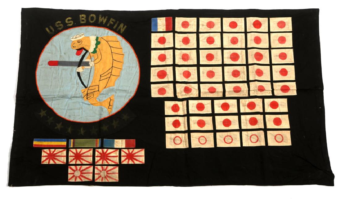 WWII SUBMARINE USS BOWFIN BATTLE FLAG: WWII SUBMARINE USS BOWFIN BATTLE FLAG Multiple pieces construction. Post war submarine crew members reunion battle flag. Size: 48" x 29"