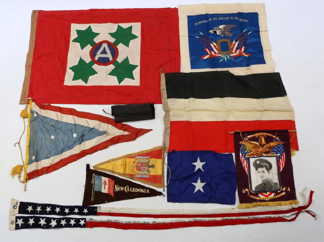 WWII ERA WORLD FLAG AND BANNER LOT OF 10: WWII ERA WORLD FLAG AND BANNER LOT OF 10 Includes 4th infantry division 3rd army souvenir flag, memorial banners, signed flag strip from USS New Orleans, French Free Forces New Caledonia pennant, WWI 