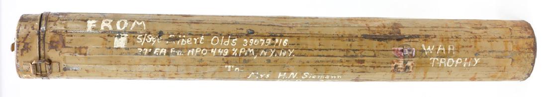WWII GERMAN AFRICA CORPS 88MM FLAK CASE WAR TROPHY: WWII GERMAN AFRICA CORPS 88MM FLAK CASE WAR TROPHY Captured German 88mm flak shell case. Side painted with "FROM Sgt Albert Olds 39079716", "371F.A APO 449 %PM, NY.NY.", "To: Mrs H.N.Siemann PO Box 36