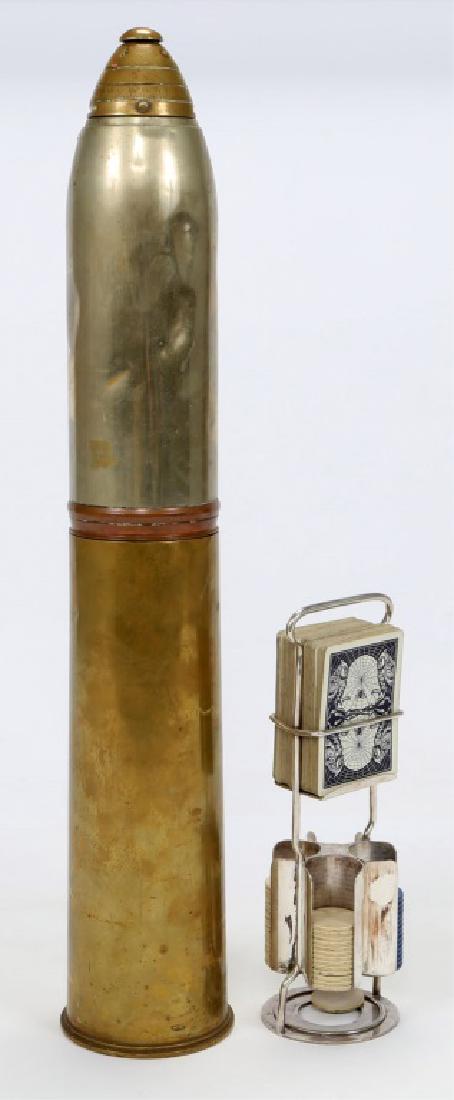 WWI ARTILLERY 18 POUNDER CONTAINER WITH POKER SET: WWI ARTILLERY 18 POUNDER CONTAINER WITH POKER SET Facsimile of 18 Pounder shrapnel shell and projectile that holds a poker deck and chips. Size: 21"