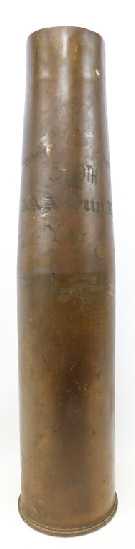 WWII US ARMY 519TH BATTALION 4.7IN M24 SHELL 1943: WWII US ARMY 519TH BATTALION 4.7IN M24 SHELL 1943 Front of shell engraved with "Take The High Road" over "519TH" over "AAA GUN Bn." over "YFC". Head stamp marked "GUN M1", "4.7IN.M24", and "LOT-N.S-1-