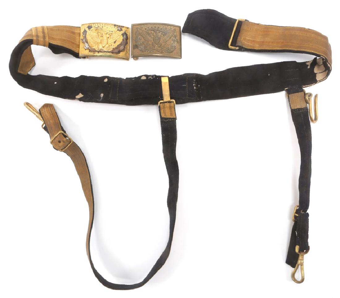 INDIAN WARS US ARMY OFFICER M1872 DRESS BELT LOT: INDIAN WARS US ARMY OFFICER M1872 DRESS BELT LOT US Staff Officer dress belt with sword hangers. M1872 Officer buckle.