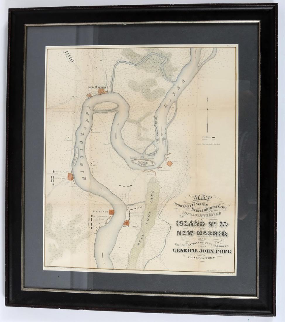 BOWEN & Co LITHOGRAPH MAP OF MISSISSIPPI RIVER: BOWEN & Co LITHOGRAPH MAP OF MISSISSIPPI RIVER Bowen & Co. lithograph. Captain William Hoelcke and Major General John Pope, "Map Showing The System of Rebel Fortifications On The Mississippi River At