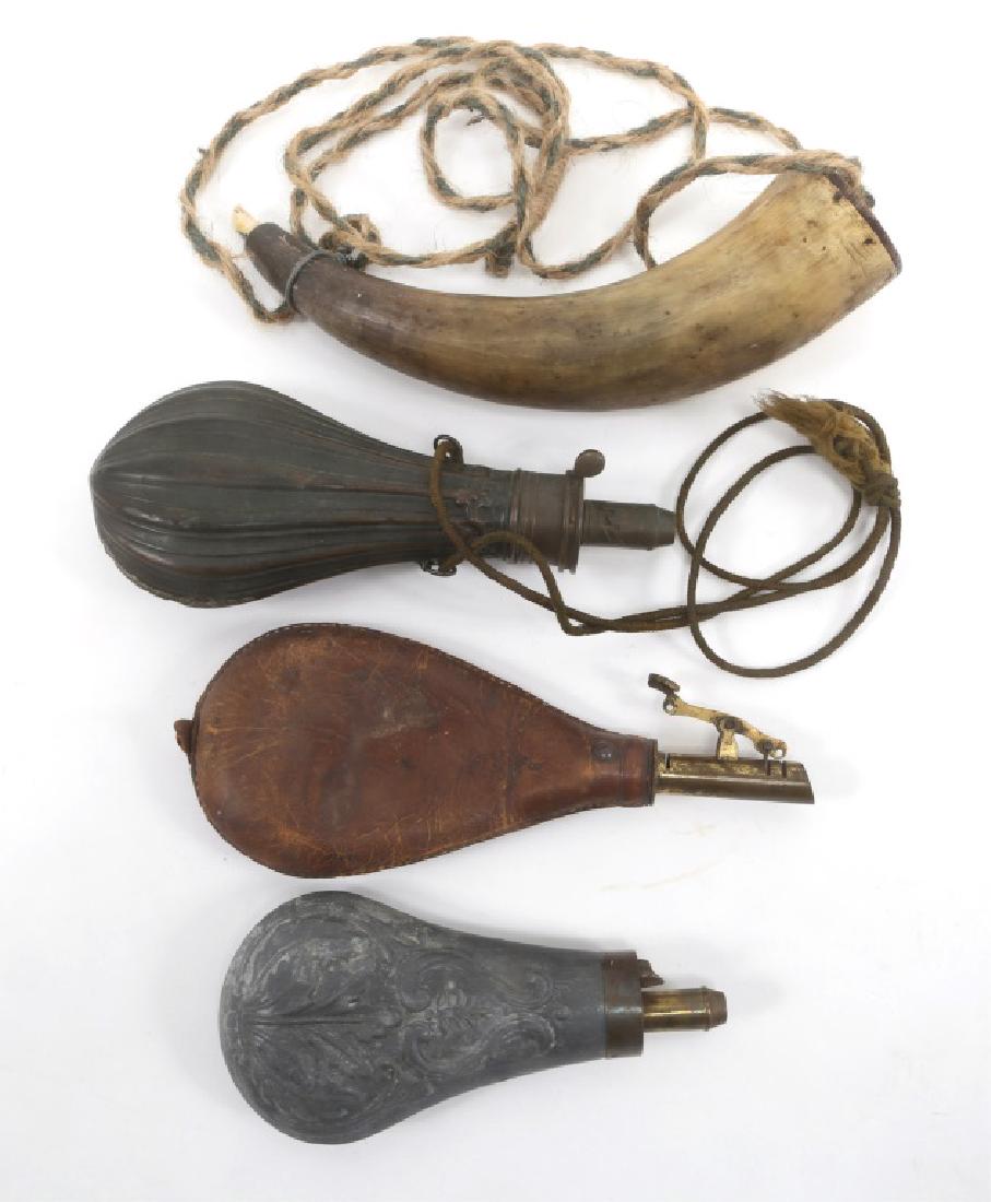 CIVIL WAR ERA POWDER FLASK LOT OF 4: CIVIL WAR ERA POWDER FLASK LOT OF 4 3 Powder Flasks. 1 Powder Horn.