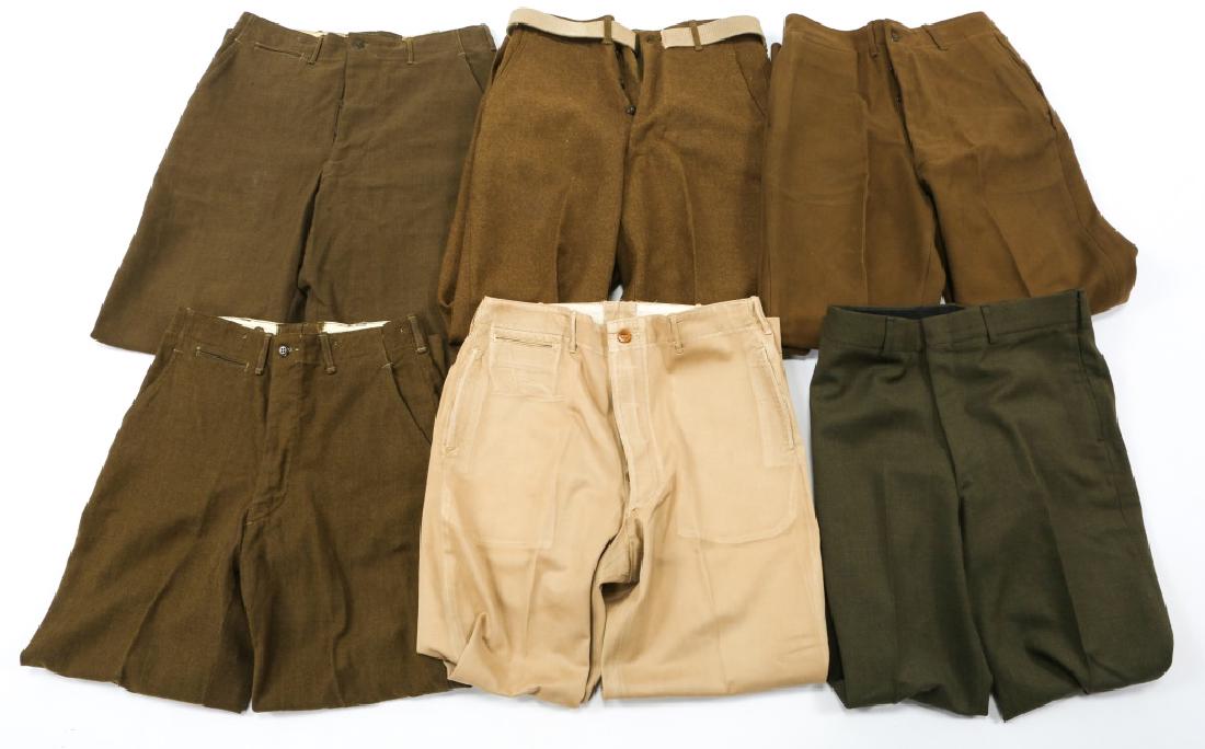 WWII KOREAN WAR US ARMY FIELD TROUSERS LOT OF 6: WWII KOREAN WAR US ARMY FIELD TROUSERS LOT OF 6 2 WWII US Army field trousers dated 45, size 30x33, 31x33. 2 M45 field trousers, size 30x31, 34x35. US khaki summer trousers, tag faded, size about 34x3