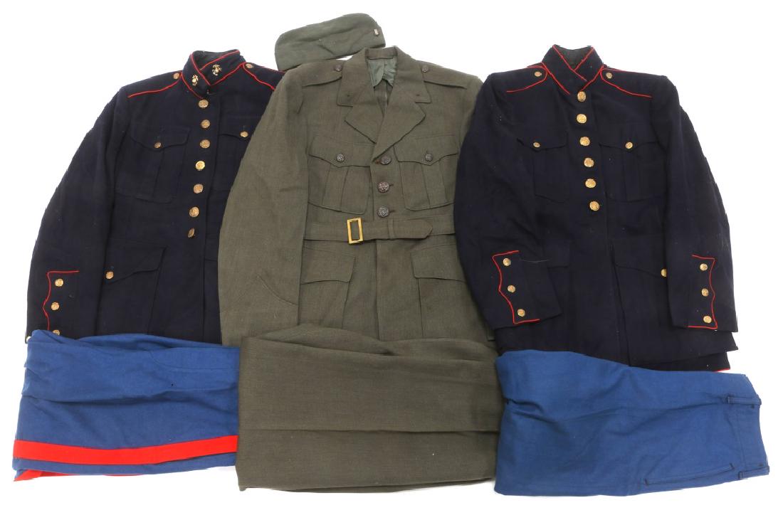 US MARINE CORPS DRESS UNIFORM MIXED LOT: US MARINE CORPS DRESS UNIFORM MIXED LOT WWII - Korea War US Marine Corps Officer green uniform, tunic, trousers, overseas cap. M1948 enlisted dress blue uniform, lot of 2, tunic & trousers, fine wool