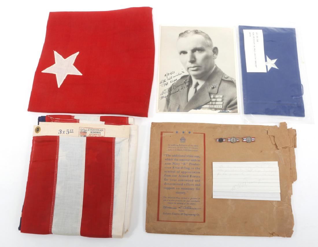USMC BRIG GENERAL FLAG & AWARD FLAG LOT OF 3: USMC BRIG GENERAL FLAG & AWARD FLAG LOT OF 3 1- USMC Major General (W. W. Seusinger) Brigadier General flag (27" x 14"), awarded to T/Sgt Kopp (1952), with signed photo of Major General W. W. Seusinge