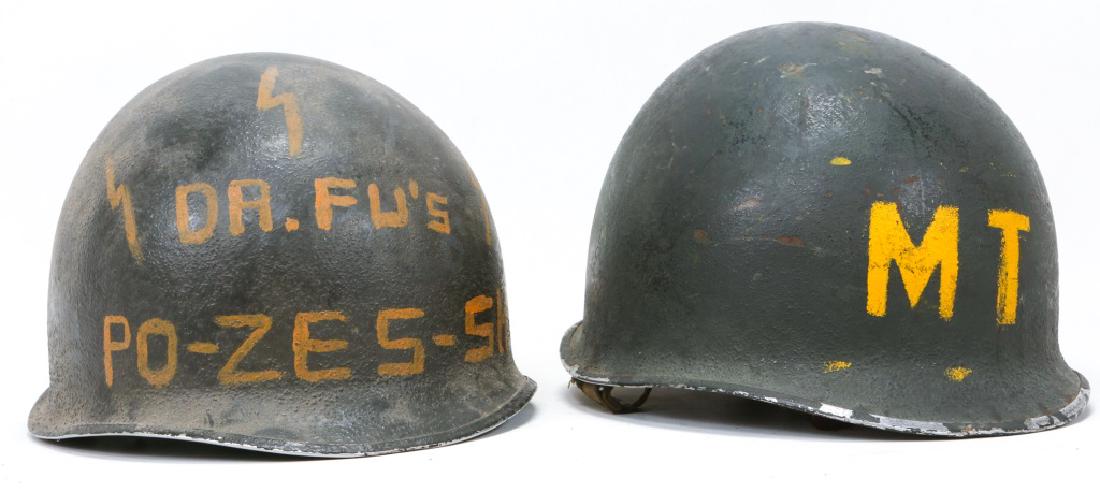 WWII US ARMY PAINTED M1 COMBAT HELMET LOT OF 2: WWII US ARMY PAINTED M1 COMBAT HELMET LOT OF 2 One front seem, fixed bales. One front seem, swivel bales.