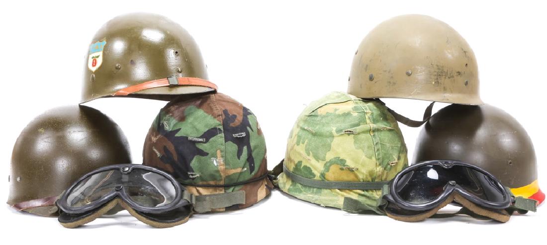 US M1 HELMET & LINER MIXED LOT OF 6: US M1 HELMET & LINER MIXED LOT OF 6 2- Post Vietnam M1 helmets with liners and goggles. 4- Korean ear M1 liners, one with 27th armored Division insignia painted on side.